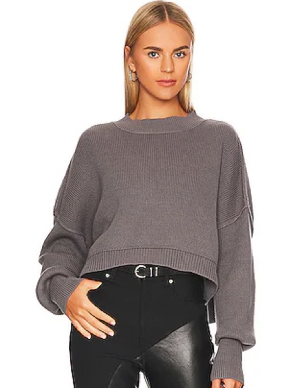 Free People Easy Street Cropped Pullover Sweater in Lead/Gunmetal